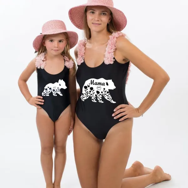 Mommy and Me Bathing Suits Bear Mama Mini Flower Shoulder Backless Swimsuits