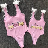 Mommy and Me Bathing Suits Butterfly Mama And Mini Slogan Feather Shoulder Backless Swimsuits