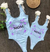 Mommy and Me Bathing Suits Butterfly Mama And Mini Feather Shoulder Backless Swimsuits
