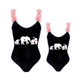 Mommy and Me Bathing Suits Elephants Mama And Mini Flower Shoulder Backless Swimsuits
