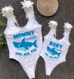 Mommy and Me Bathing Suits Baby Mom Shark Boo Boo Boo Feather Shoulder Backless Swimsuits