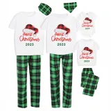 2023 Christmas Matching Family Pajamas Red Plaids Christmas Hat Merry Christmas Letter Green Short Pajamas Set With Baby Pajamas