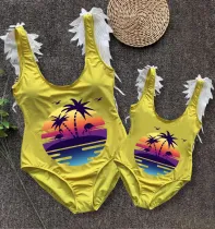 Mommy and Me Bathing Suits Flamingo Coconut Tree Mama And Mini Feather Shoulder Backless Swimsuits