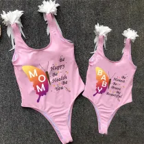 Mommy and Me Bathing Suits Butterfly Be Honest Be Brave Be Beautiful Feather Shoulder Backless Swimsuits