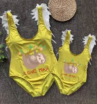 Mommy and Me Bathing Suits Sloth Love Mama Mini Feather Shoulder Backless Swimsuits