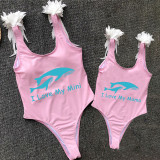 Mommy and Me Bathing Suits Whale I Love My Mama Mini Feather Shoulder Backless Swimsuits
