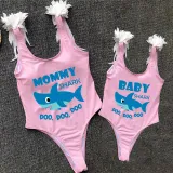 Mommy and Me Bathing Suits Baby Mom Shark Boo Boo Boo Feather Shoulder Backless Swimsuits