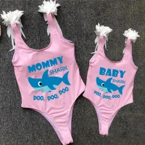 Mommy and Me Bathing Suits Baby Mom Shark Boo Boo Boo Feather Shoulder Backless Swimsuits