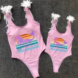 Mommy and Me Bathing Suits I'm a Mermaid Mama And Mini Feather Shoulder Backless Swimsuits