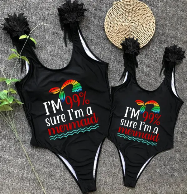 Mommy and Me Bathing Suits I'm 99% Sure I'm A Meimaid Mama And Mini Feather Shoulder Backless Swimsuits