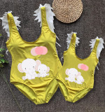 Mommy and Me Bathing Suits Elephants With Balloons Mama And Mini Feather Shoulder Backless Swimsuits