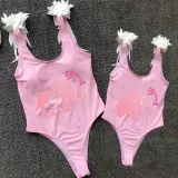 Mommy and Me Bathing Suits Elephant Heart Mama And Mini Feather Shoulder Backless Swimsuits