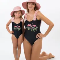 Mommy and Me Bathing Suits Flamigo Vacation Mama And Mini Flower Shoulder Backless Swimsuits
