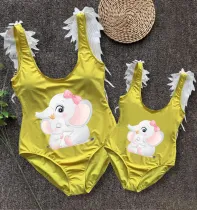 Mommy and Me Bathing Suits Cute Elephants Mama And Mini Feather Shoulder Backless Swimsuits