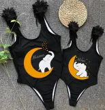 Mommy and Me Bathing Suits Elephant Moon Mama And Mini Feather Shoulder Backless Swimsuits