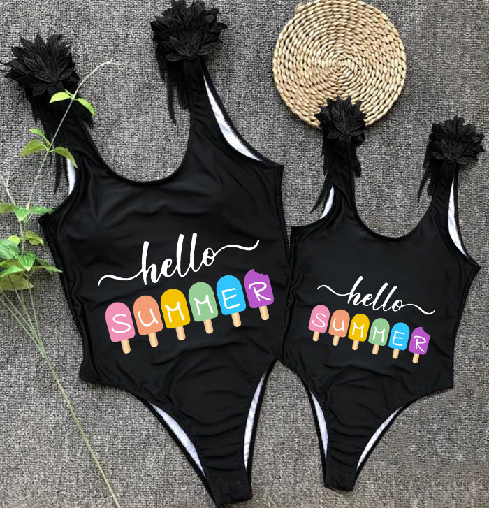 Mommy and Me Bathing Suits Hello Summer Ice Cream Mama And Mini Feather Shoulder Backless Swimsuits