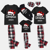 2023 Christmas Matching Family Pajamas Red Plaids Christmas Hat Merry Christmas Letter Black Short Pajamas Set With Baby Pajamas