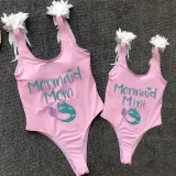 Mommy and Me Bathing Suits Mermaid Mama And Mini Feather Shoulder Backless Swimsuits