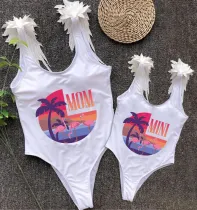 Mommy and Me Bathing Suits Flamigo Vacation Mama And Mini Feather Shoulder Backless Swimsuits