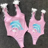 Mommy and Me Bathing Suits Mommy Baby Dolphin Feather Shoulder Backless Swimsuits