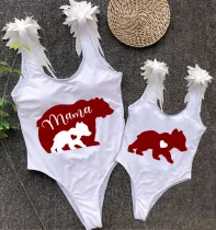 Mommy and Me Bathing Suits Red Bear Mama Mini Feather Shoulder Backless Swimsuits