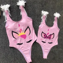 Mommy and Me Bathing Suits Unicorn Head Mama Mini Feather Shoulder Backless Swimsuits
