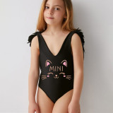 Mommy and Me Bathing Suits Cat Smile Feather Shoulder Backless Swimsuits