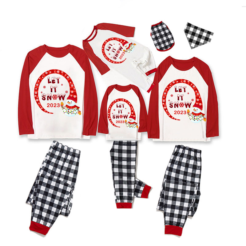 2023 Christmas Matching Family Pajamas Snowman let It Snow White Black Plaids Pajamas Set
