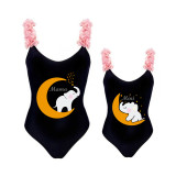 Mommy and Me Bathing Suits Elephant Moon Mama And Mini Flower Shoulder Backless Swimsuits