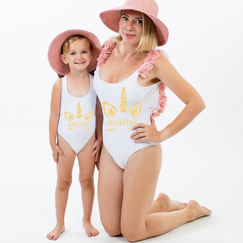 Mommy and Me Bathing Suits Golden Unicorn Mama And Mini Flower Shoulder Backless Swimsuits