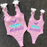 Mommy and Me Bathing Suits Mermaid Mama And Mini Feather Shoulder Backless Swimsuits