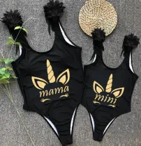 Mommy and Me Bathing Suits Golden Unicorn Mama And Mini Feather Shoulder Backless Swimsuits