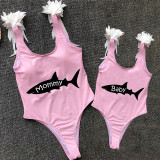 Mommy and Me Bathing Suits Mommy Baby Shark Feather Shoulder Backless Swimsuits