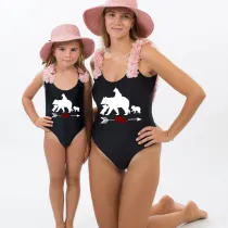 Mommy and Me Bathing Suits Bear Babies Mama Mini Flower Shoulder Backless Swimsuits