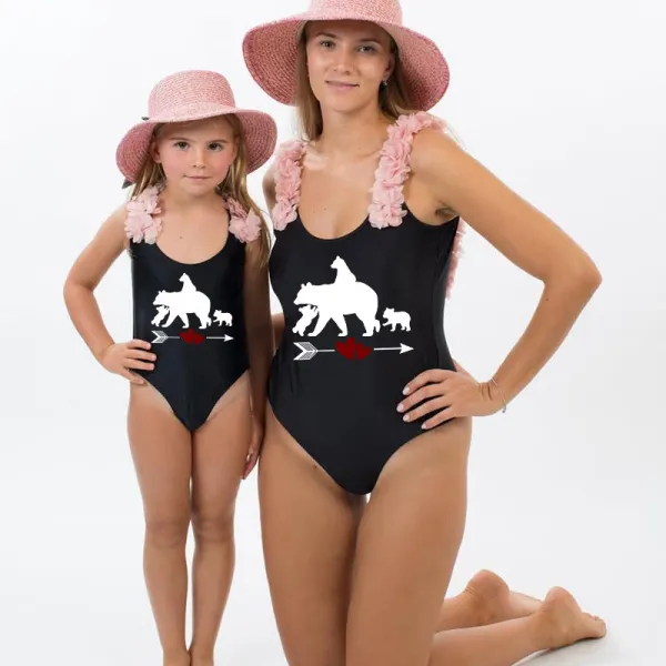 Mommy and Me Bathing Suits Bear Babies Mama Mini Flower Shoulder Backless Swimsuits