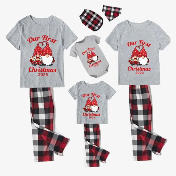 2023 Christmas Matching Family Pajamas Our First Christmas Gnomes Gray Short Pajamas Set