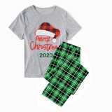2023 Christmas Matching Family Pajamas Red Plaids Christmas Hat Merry Christmas Letter Green Short Pajamas Set With Baby Pajamas