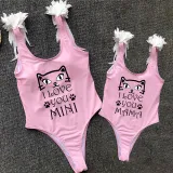 Mommy and Me Bathing Suits Cat I love You Mama And Mini Feather Shoulder Backless Swimsuits