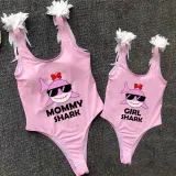 Mommy and Me Bathing Suits Mommy Girl Shark Feather Shoulder Backless Swimsuits