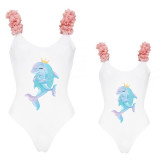 Mommy and Me Bathing Suits Mommy Baby Dolphin Flower Shoulder Backless Swimsuits