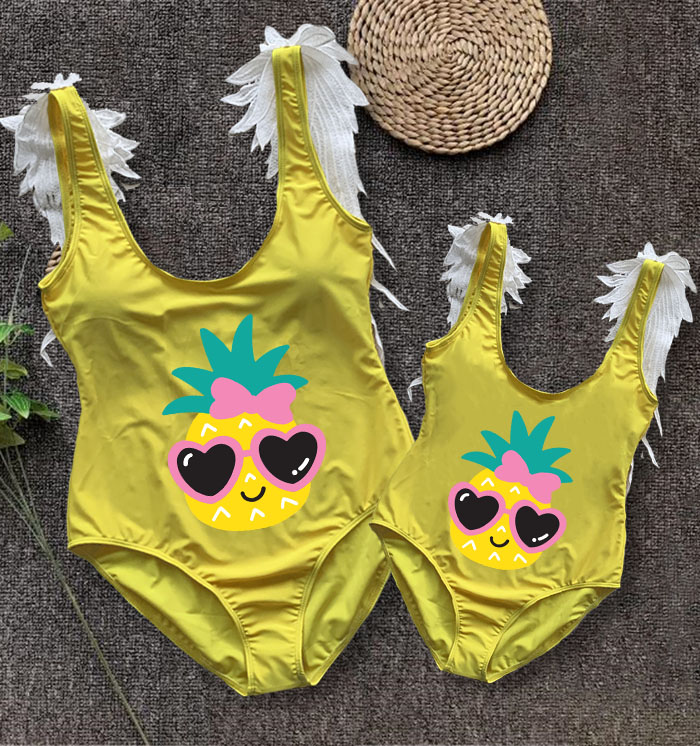 Mommy and Me Bathing Suits Pineapple With Glasses Mama And Mini Feather Shoulder Backless Swimsuits
