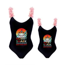 Mommy and Me Bathing Suits Mommy Baby Shark Boo Boo Boo Flower Shoulder Backless Swimsuits