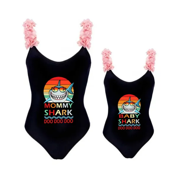 Mommy and Me Bathing Suits Mommy Baby Shark Boo Boo Boo Flower Shoulder Backless Swimsuits