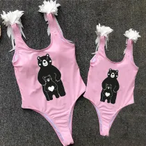 Mommy and Me Bathing Suits Bear Babies Mama Mini Feather Shoulder Backless Swimsuits