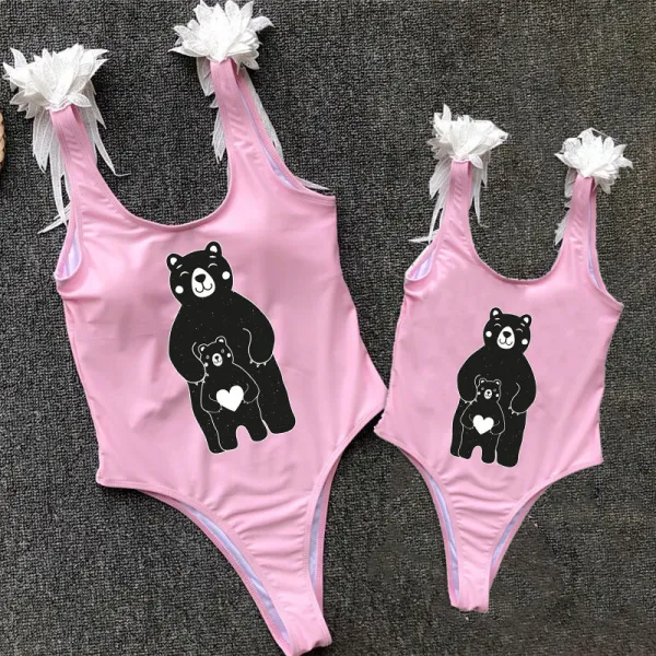 Mommy and Me Bathing Suits Bear Babies Mama Mini Feather Shoulder Backless Swimsuits