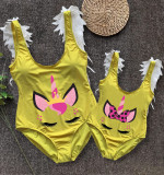 Mommy and Me Bathing Suits Unicorn Head Mama Mini Feather Shoulder Backless Swimsuits