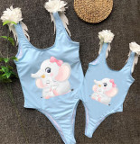 Mommy and Me Bathing Suits Cute Elephants Mama And Mini Feather Shoulder Backless Swimsuits