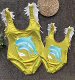 Mommy and Me Bathing Suits Mommy Baby Dolphin Feather Shoulder Backless Swimsuits