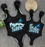Mommy and Me Bathing Suits Mommy Baby Shark Feather Shoulder Backless Swimsuits