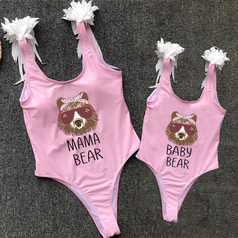 Mommy and Me Bathing Suits Bear With Glasses Mama Mini Feather Shoulder Backless Swimsuits